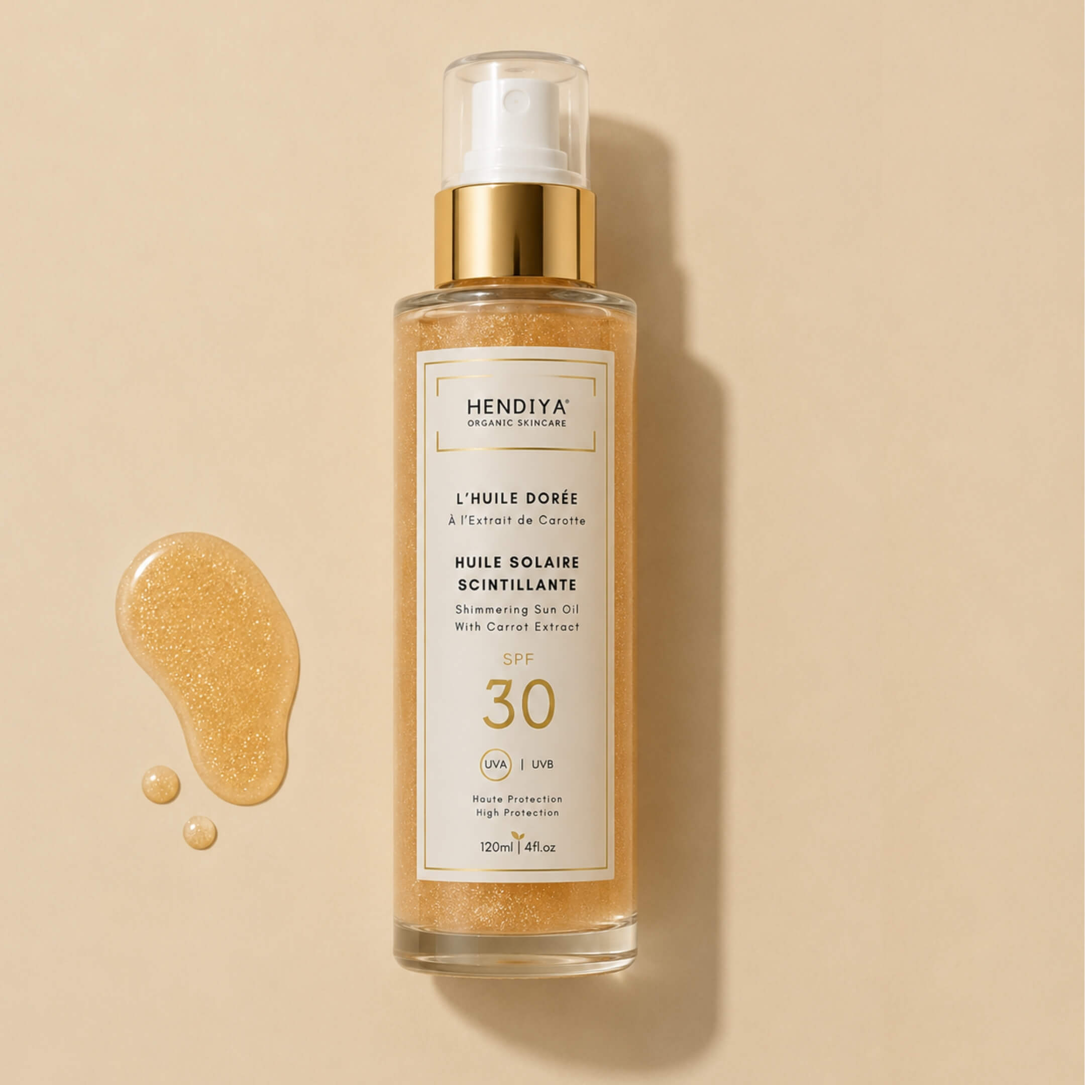 L'Huile Dorée - Huile solaire scintillante bio Hendiya à l'extrait de carotte, riche en bêta-carotène