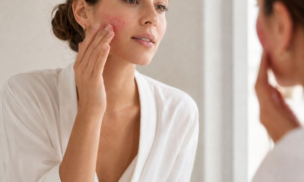 Application du Gommage Poudré Hendiya® sur le visage en massage circulaire