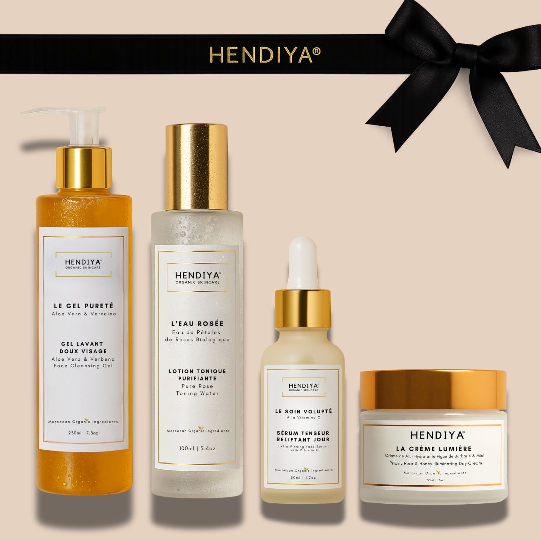 Routine skincare bio Hendiya® : gel lavant, tonique, sérum et crème hydratante