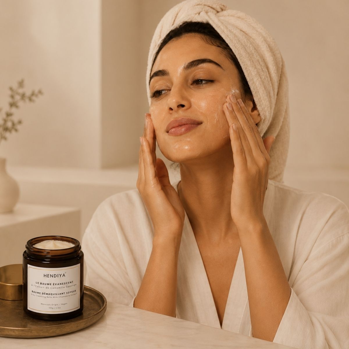 Application du Baume Évanescent sur visage sec, Hendiya® bio
