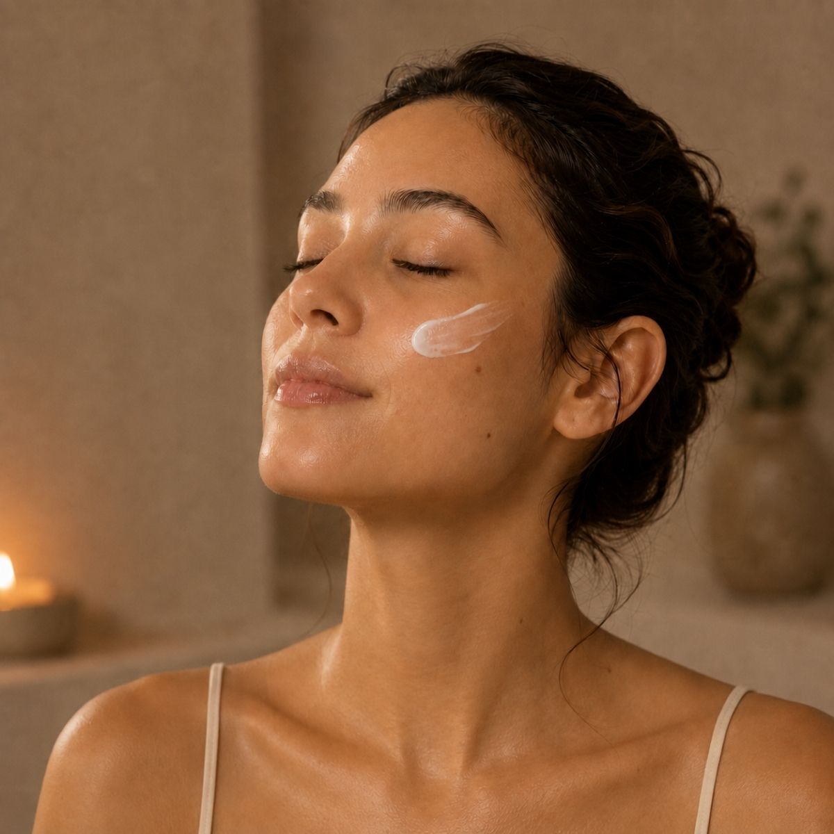 Application de La Crème Satinée, crème de nuit anti-âge bio Hendiya®, sur le visage