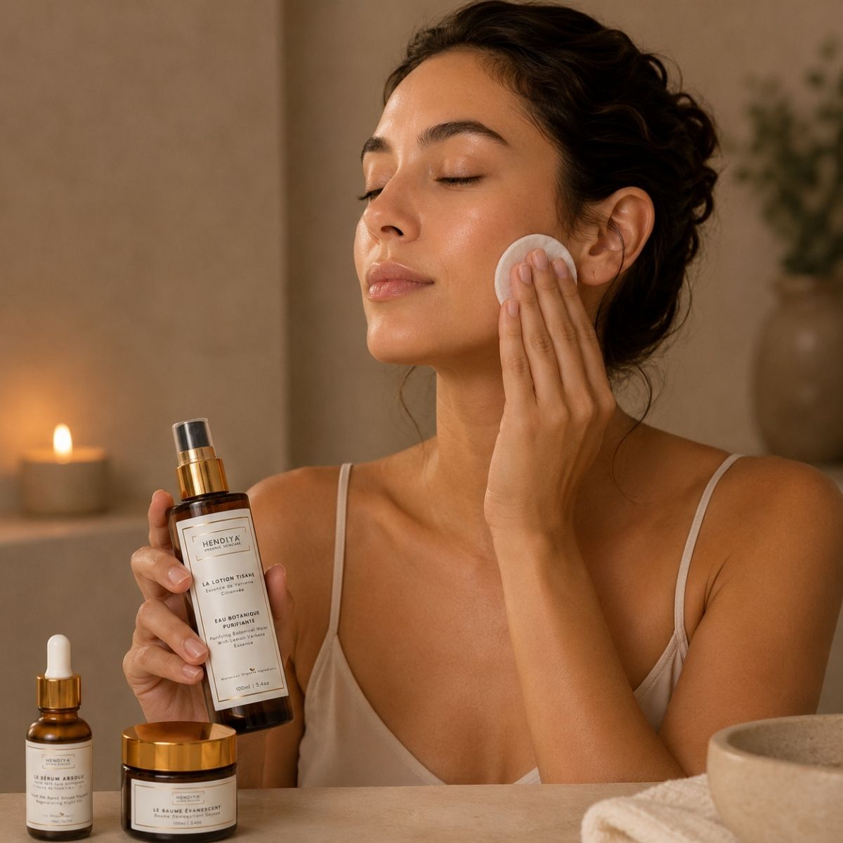 Application de La Lotion Tisane sur coton démaquillant, Hendiya® bio