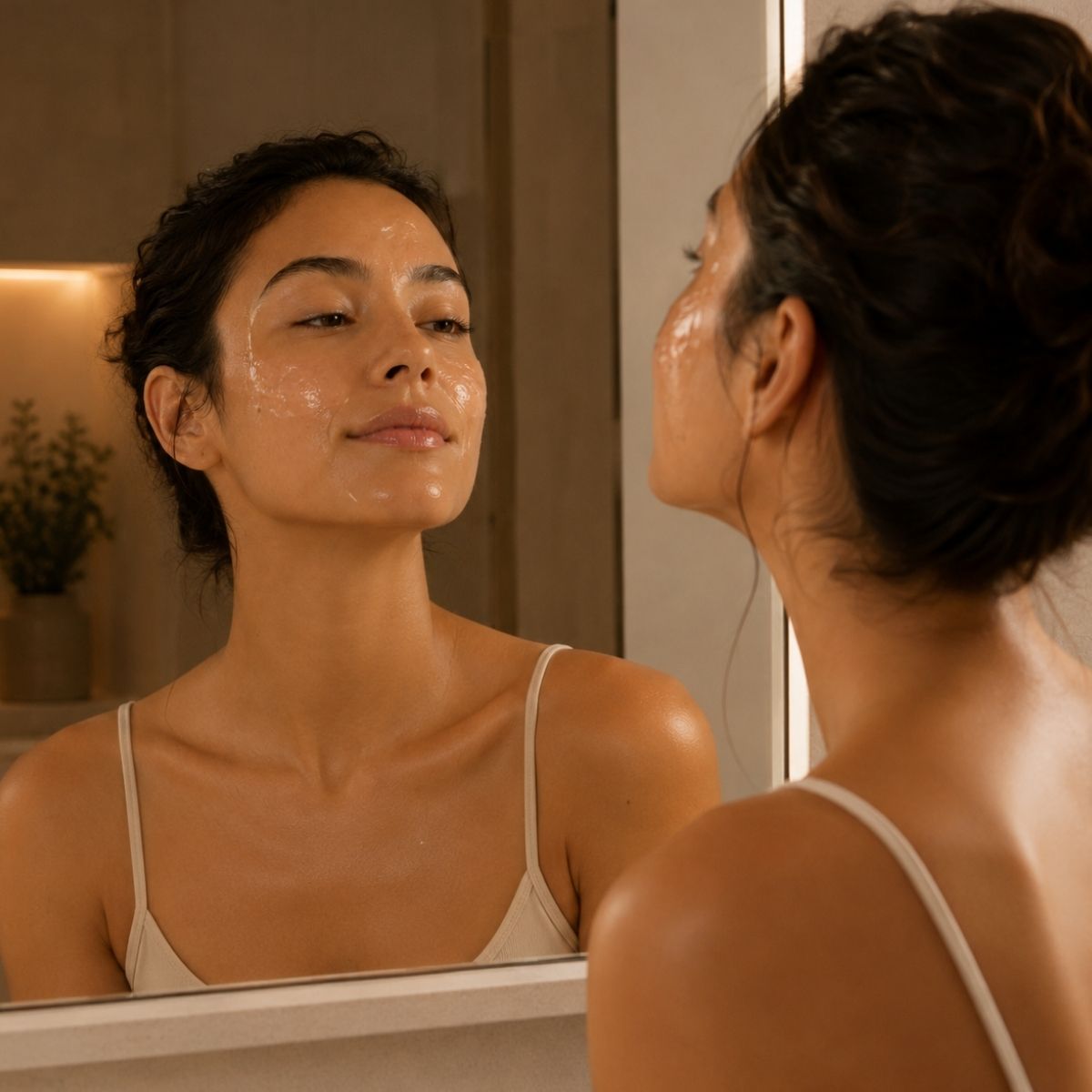 Application du masque de nuit La Gelée Royale sur le visage, soin repulpant bio Hendiya®