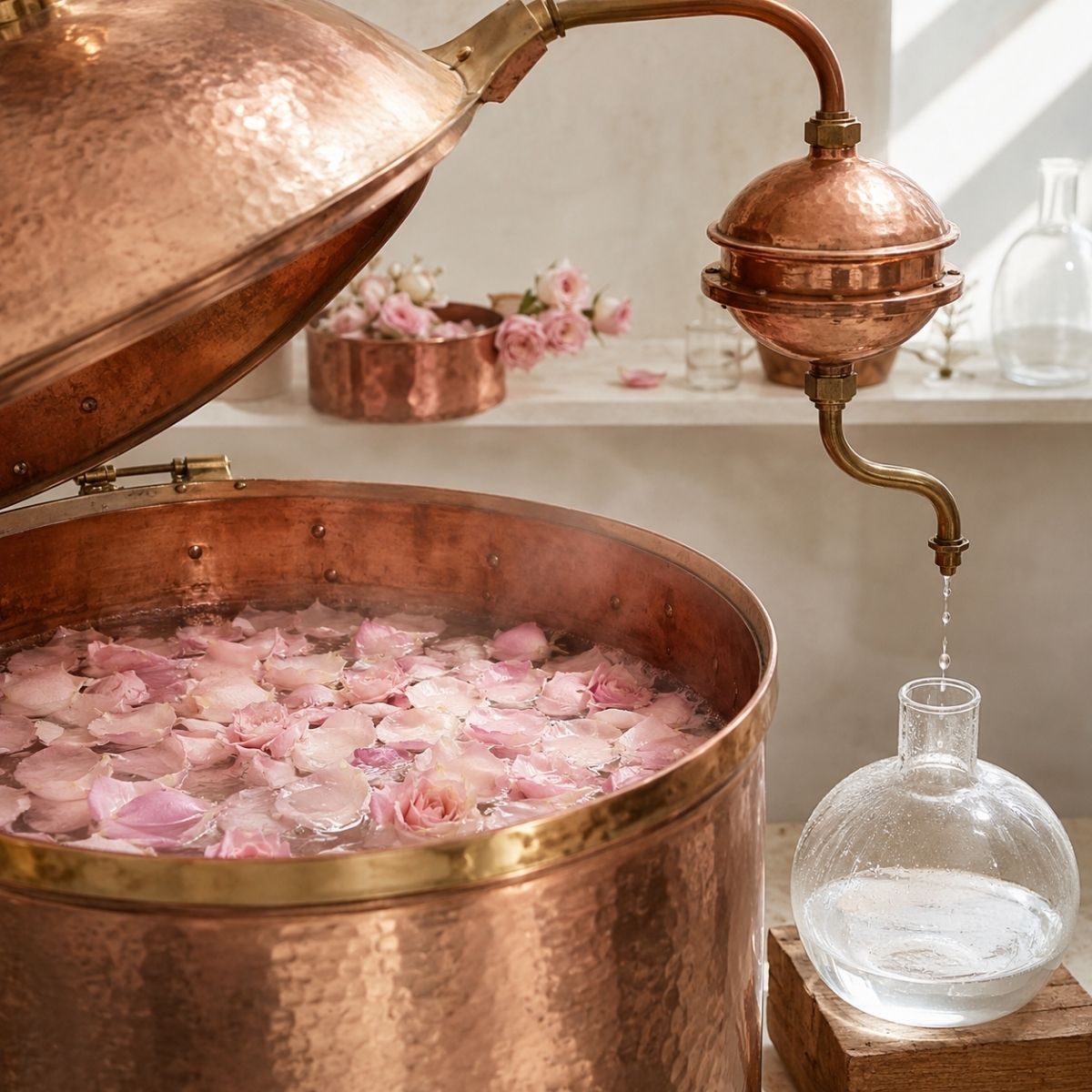 Distillation artisanale de l'eau de rose bio au Maroc, savoir-faire Hendiya