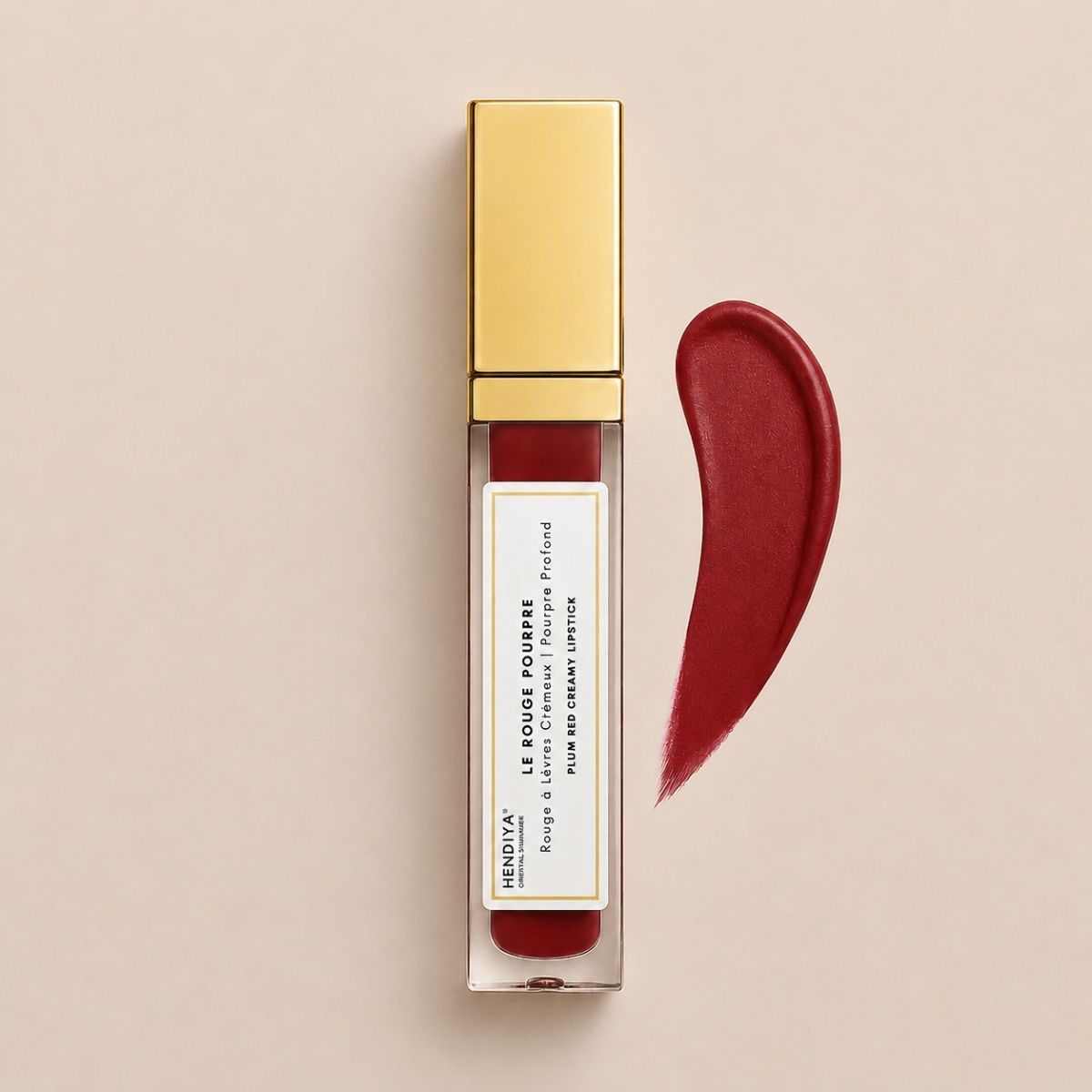 Rouge Pourpre Hendiya avec échantillon de couleur, rouge à lèvres bio à la figue de barbarie